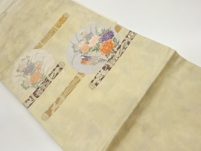 雪輪に鳳凰・花々・鳥模様織出し名古屋帯